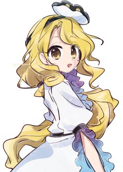 1girl blonde_hair clam_shell_ornament commentary dress frills from_side highres long_hair looking_at_viewer low_ponytail parted_lips ponytail short_sleeves smile solo tama_(hiroshige_36) touhou upper_body very_long_hair watari_nina wavy_hair white_dress yellow_eyes