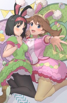 2girls absurdres animal_ears black_hair black_pantyhose blue_eyes breasts brown_hair commentary_request dress easter easter_egg egg erika_(pokemon) fake_animal_ears green_dress grey_eyes hairband highres light_blush looking_at_viewer may_(pokemon) may_(spring_2021)_(pokemon) medium_breasts multiple_girls nintendo open_mouth pantyhose pink_dress pokemon pokemon_masters_ex rabbit_ears reaching reaching_towards_viewer red_hairband short_hair sidelocks smile suborofu yellow_pantyhose
