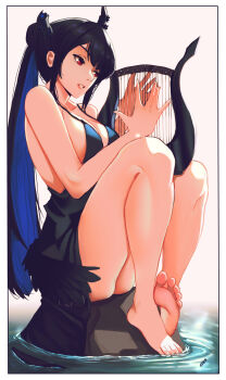 1girl asymmetrical_horns barefoot black_dress black_hair blue_hair breasts cleavage collarbone commentary demon_horns dress eden_exile english_commentary feet full_body harp high_ponytail highres holding holding_instrument hololive hololive_english horns instrument large_breasts long_hair mole mole_under_eye music nerissa_ravencroft parted_lips playing_instrument ponytail red_eyes rock simple_background sitting solo thighs toes uneven_horns very_long_hair virtual_youtuber water white_background