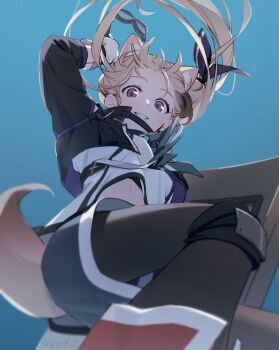 1girl animal_ear_fluff animal_ears arknights ass black_jacket black_pantyhose blonde_hair blue_background blue_shorts cardigan_(arknights) cropped_jacket dog_ears dog_girl dog_tail feet_out_of_frame floating_hair from_below grin highres holding holding_shield jacket jumping knee_pads long_hair looking_at_viewer looking_down midriff_peek odjikasu pantyhose purple_eyes shield shirt shorts simple_background smile solo tail twitter_username white_shirt