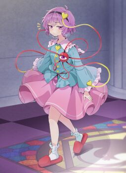 1girl aqua_shirt black_hairband blush buttons closed_mouth collared_shirt commentary_request expressionless eyelashes frilled_shirt frills full_body hair_ornament hairband heart heart_button heart_hair_ornament highres indoors komeiji_satori long_sleeves mitsume310i notice_lines pink_skirt purple_eyes purple_hair red_slippers shirt short_hair skirt slippers socks solo third_eye touhou white_socks
