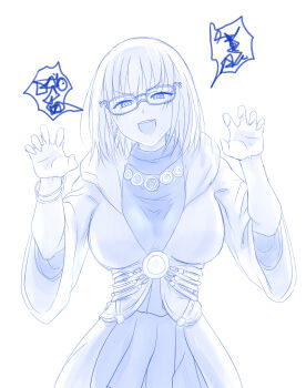 1girl arc_mage_(goblin_slayer) blue_theme bracelet breasts dress glasses goblin_slayer! goblin_slayer_year_one! hair_between_eyes highres jewelry large_breasts necklace open_mouth robe short_hair solo speech_bubble teeth upper_teeth_only viperxtr white_background