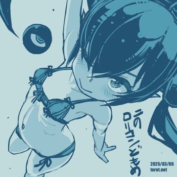 1girl ;> arm_up armpit_crease backbeako_(torotei) backbeard blue_background blue_theme blush bow bow_bra bow_panties bra breasts commentary dated dated_commentary dutch_angle gegege_no_kitarou hair_over_one_eye hair_ribbon kono_lolicon_domome loli long_hair looking_at_viewer monochrome navel one_eye_closed original paid_reward_available panties pointy_ears ribbon ribs ringed_eyes simple_background small_breasts smile solo standing standing_on_one_leg torotei translated twintails underwear watermark web_address