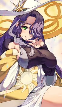 1girl braid breasts eyelashes green_eyes hair_ornament hair_over_eyes hat highres huge_breasts kuronyan9630 largamente_(monster_strike) long_hair mole mole_under_mouth monster_strike purple_hair sideboob simple_background sitting solo thick_thighs thighs