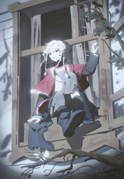 1girl absurdres ankle_boots black_boots black_coat boots branch cloak coat curtains full_body grey_pants hand_up highres jacket looking_afar medium_hair pants parted_lips quad_braids red_cloak red_eyes reverse:1999 rubuska sitting_in_window solo white_hair white_jacket window zzzzzziyao
