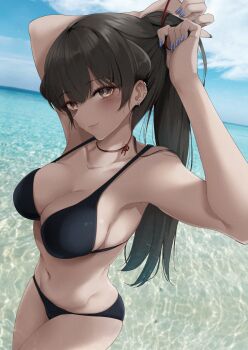1girl arms_up bikini black_bikini black_hair black_mask blue_nails breasts brown_eyes caustics cleavage closed_mouth day dutch_angle ear_piercing earrings film_grain foreshortening highres jewelry konata_(kankin_jk) long_hair looking_at_viewer medium_breasts mishiranu_joshikousei_ni_kankin_sareta_mangaka_no_hanashi nail_polish navel ocean outdoors photo_background piercing ponytail ryouma_(galley) smile solo standing swimsuit tying_hair water