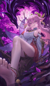 1girl :p absurdres animal_ears barefoot blush breasts cherry_blossoms earrings feet fox_ears fox_shadow_puppet fox_tail full_body genshin_impact hair_between_eyes hair_ornament highres in_tree jewelry large_breasts long_hair nontraditional_miko pink_hair purple_eyes sideboob sitting sitting_in_tree soles solo tail tarutaru_kawaii thighs toes tongue tongue_out tree yae_miko