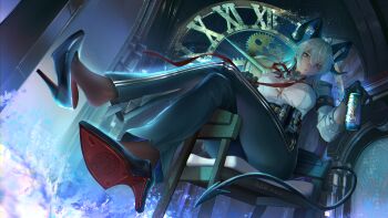 1girl absurdres armband bags_under_eyes barrier_mao black_armband black_horns black_jacket black_pants black_pantyhose black_shoes black_tail breasts button_gap can commentary crossed_legs curled_horns demon_tail drink_can earrings english_commentary full_body hair_between_eyes high-waist_pants high_heels highres holding holding_can horns jacket jacket_on_shoulders jewelry key_earrings large_breasts long_hair looking_at_viewer mole mole_under_eye multicolored_hair necktie pants pantyhose parted_lips red_eyes red_necktie roman_numeral shirt shirt_tucked_in shoes sitting_sideways solo streaked_hair tail tight_clothes tight_pants white_shirt wuthering_waves zani_(wuthering_waves)