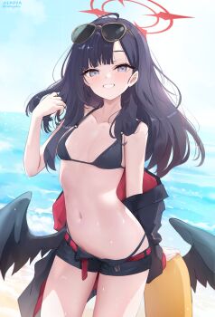 1girl absurdres artist_name bikini bikini_bottom_under_shorts bikini_under_clothes black_bikini black_hair black_wings blue_archive breasts collarbone commentary cowboy_shot eyewear_on_head feathered_wings grin halo hand_up highres ichika_(blue_archive) ichika_(swimsuit)_(blue_archive) long_hair looking_at_viewer low_wings navel nekoya_(liu) official_alternate_costume parted_lips red_halo shorts small_breasts smile solo stomach sunglasses swimsuit twitter_username wings yellow-framed_eyewear