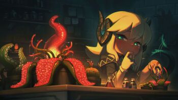 Rule 34 | 1girl, absurdres, aqua eyes, blush, bottle, commentary, curled horns, digitan (porforever), english commentary, flask, hand on own chin, highres, holding, holding flask, horns, indoors, long hair, original, plant, porforever, potted plant, pouring, solo, star-shaped pupils, star (symbol), sweat, symbol-shaped pupils, tentacles, white hair