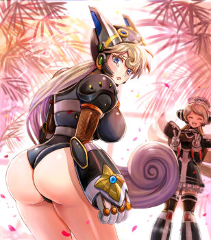 2girls alternate_color alternate_hair_color android ass bare_legs bent_over blonde_hair blue_eyes blush breasts capcom cinnamon_(mega_man) closed_eyes closed_mouth double_v from_behind gloves hair_between_eyes hand_gesture helmet kiwakiwa large_breasts lips long_hair looking_at_viewer looking_back marino_(mega_man) mega_man_(series) mega_man_x:_command_mission mega_man_x_(series) multiple_girls open_mouth robot_ears smile tearing_up thighhighs v very_long_hair white_gloves zettai_ryouiki