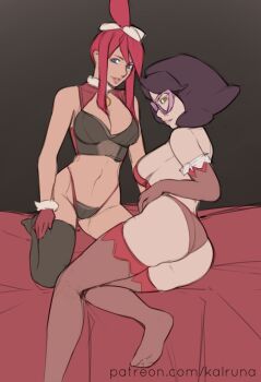 2girls absurdres black_bra black_hair black_panties black_thighhighs bra elbow_gloves glasses gloves highres kalruna lingerie multiple_girls nintendo panties pink_panties pink_thighhighs pokemon pokemon_bw pokemon_sm red_hair skyla_(pokemon) thighhighs underwear wicke_(pokemon)