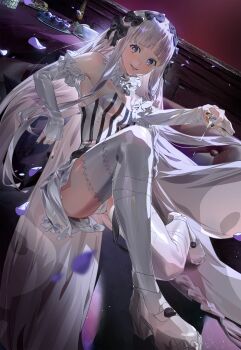 1girl absurdres ananke_7 black_bow bow collar commentary_request dress fate/strange_fake fate_(series) francesca_prelati_(fate) frilled_collar frills hair_bow highres multiple_hair_bows panties pantyshot purple_eyes ringed_eyes sitting striped_clothes striped_dress underwear vertical-striped_clothes vertical-striped_dress white_hair