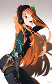1girl :d absurdres arm_up black_bodysuit blunt_bangs bodysuit breasts brown_eyes elbow_pads from_side gloves goggles goggles_on_head highres leaning_forward long_hair looking_at_viewer open_mouth oracle_(persona_5) orange_hair persona persona_5 rifyaa sakura_futaba small_breasts smile solo teeth turtleneck upper_teeth_only very_long_hair