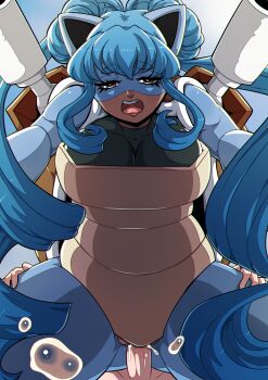 1boy 1girl animal_ears blastoise blue_hair cum dark-skinned_female dark_skin doggystyle gen_1_pokemon hands_on_another&#039;s_hips heart heart-shaped_pupils hetero highres kinkymation monster_girl nintendo open_mouth penis personification pokemon sex sex_from_behind symbol-shaped_pupils turtle_shell twintails uncensored vaginal