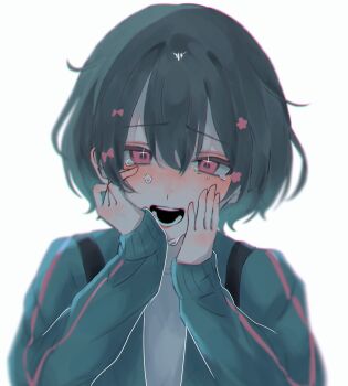 Rule 34 | 1girl, b7yd1gksm7qhprd, bad id, bad twitter id, black hair, blue jacket, bow, crying, crying with eyes open, furrowed brow, hair bow, hands on own cheeks, hands on own face, hands up, highres, iyowa girls, jacket, kurari-chan (iyowa), kyu-kurarin (cevio), long sleeves, looking at viewer, multiple hair bows, open mouth, pink eyes, sad smile, shirt, short hair, simple background, solo, tears, track jacket, upper body, white shirt