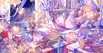 1girl absurdres architecture artist_name ayaka_(genshin_impact) back_bow blue_bow blue_dress blue_eyes blue_hair blunt_bangs blunt_tresses book bookmark bookshelf bow braid brown_hat butterfly_hair_ornament closed_eyes closed_mouth collar commentary_request commission dress flower frills genshin_impact hair_ornament hair_up hand_up hat highres holding holding_jar holding_paper indoors jar kamisato_ayaka kamisato_ayaka_(springbloom_missive) long_sleeves multiple_views night night_sky official_alternate_costume official_alternate_hairstyle open_book origami paper paper_crane pink_ribbon puffy_long_sleeves puffy_sleeves ribbon sitting sky smile wariza white_collar white_ribbon window yozen