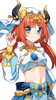 1girl aqua_eyes black_horns blue_skirt breasts brooch closed_mouth commentary_request crop_top fake_horns genshin_impact hand_up harem_outfit horns jewelry long_hair long_sleeves looking_at_viewer low_twintails midriff myarikuru nilou_(genshin_impact) red_hair simple_background skirt small_breasts smile solo transparent_background twintails upper_body veil white_veil