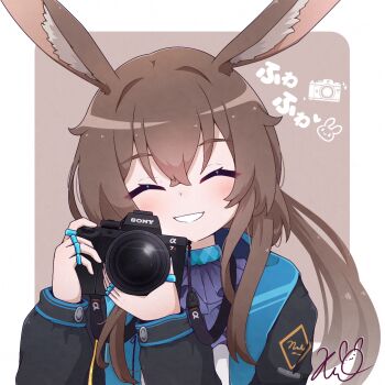 1girl ^_^ adversarial_noise amiya_(arknights) animal_ear_fluff animal_ears arknights ascot black_jacket blush border brown_background brown_hair camera closed_eyes facing_viewer grin hair_between_eyes highres holding holding_camera jacket kurotofu long_hair long_sleeves open_clothes open_jacket puffy_long_sleeves puffy_sleeves purple_ascot rabbit_ears shirt signature smile solo sony translation_request upper_body white_border white_shirt