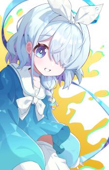 Rule 34 | 1girl, absurdres, alyome, aqua hair, aqua halo, aqua pupils, arona (blue archive), blue archive, blue shirt, blush, bow, bow hairband, bowtie, braid, bright pupils, choker, collarbone, colored inner hair, commentary, grin, hair ornament, hair over one eye, hairband, halo, highres, long sleeves, looking at viewer, medium hair, midriff peek, multicolored hair, pleated skirt, puffy long sleeves, puffy sleeves, purple eyes, purple hair, sailor collar, sailor shirt, school uniform, serafuku, shirt, sidelocks, single braid, skirt, sleeves past wrists, smile, solo, splatter background, two-tone hair, upper body, white background, white bow, white bowtie, white choker, white hairband, white sailor collar, white skirt, yellow background