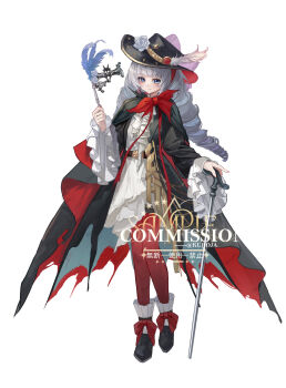 1girl absurdres alternate_costume black_boots black_cape black_coat black_hat blue_eyes boots bow bowtie cane cape charlie_(reverse:1999) closed_mouth coat commission dress drill_hair fang fang_out footwear_bow full_body grey_hair hat highres holding holding_mask kuroja long_hair mask masquerade_mask pantyhose red_bow red_bowtie red_pantyhose reverse:1999 short_dress solo standing twin_drills unworn_mask watermark white_background white_dress wide_sleeves