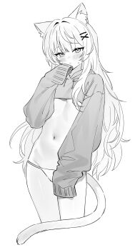 1girl animal_ear_fluff animal_ears blush breasts cat_ears cat_girl cat_tail commentary_request commission crop_top cropped_hoodie cropped_legs drawstring fymrie hair_ornament hairclip hand_up highres hood hood_down hoodie korean_commentary long_hair long_sleeves looking_at_viewer monochrome navel no_pants original panties resia_(emonmong) second-party_source simple_background sleeves_past_fingers sleeves_past_wrists small_breasts solo stomach string_panties sweatdrop tail thighs underwear very_long_hair x_hair_ornament