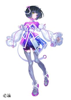 1girl aru_(kamitsubaki_studio) belt black_hair blush colorful eyelashes facial_mark full_body hair_ornament headwear_request highres kamitsubaki_studio leg_up light long_sleeves looking_at_viewer magic necktie puffy_long_sleeves puffy_sleeves purple_theme shoes short_hair simple_background sinsekai_record solo standing virtual_youtuber white_background yellow_eyes yoneyama_mai