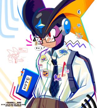 1boy alternate_costume backpack bag bass.exe_(mega_man) black_helmet black_necktie buysell_bird collared_shirt cowboy_shot facial_mark fins forehead_jewel glasses hands_in_pockets head_fins helmet highres male_focus mega_man_(series) mega_man_battle_network_(series) necktie netnavi red_eyes shirt simple_background solo sticker white_shirt