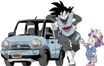1boy 1girl black_hair black_shirt car closed_mouth commentary_request creator_connection crossover dougi dr._slump dragon_ball dragon_ball_super earrings full_body goku_black jewelry kei_car license_plate long_hair motor_vehicle nakazaki_tou norimaki_arale potara_earrings shirt simple_background single_earring spiked_hair sports_utility_vehicle suzuki_(company) suzuki_hustler white_background