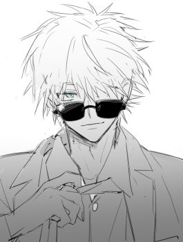 1boy adjusting_clothes adjusting_necktie blue_eyes chinese_commentary closed_mouth collared_shirt gojou_satoru greyscale hair_between_eyes hair_over_one_eye hand_up highres jacket jujutsu_kaisen kayu_(yukagoin) looking_at_viewer male_focus monochrome necktie one_eye_covered shirt short_hair simple_background sketch smile solo spot_color sunglasses upper_body white_background white_hair