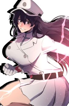 1girl bambietta_basterbine belt black_belt black_eyes black_hair bleach bleach:_sennen_kessen-hen breasts buttons clenched_hand double-breasted gloves hat highres large_breasts long_hair military_hat military_uniform quincy_(bleach) skirt smile solo sternritter thatamaan wandenreich_uniform white_gloves white_skirt