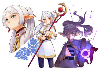 1girl absurdres belt black_belt black_pantyhose capelet closed_mouth commentary cropped_legs cropped_torso earrings elf floating_earrings floating_hair frieren gold_trim green_eyes highres holding holding_staff jewelry long_hair long_sleeves looking_at_viewer mage_staff magic meme multiple_views pantyhose parted_lips pointy_ears shirt simple_background skirt sousou_no_frieren staff striped_clothes striped_shirt twintails upward_angle_frieren_drawing_(meme) white_background white_capelet white_skirt zustos