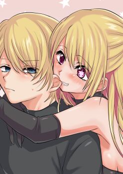 1boy 1girl biting black_gloves black_shirt blonde_hair blue_eyes blush breasts brother_and_sister closed_mouth commentary biting_ear elbow_gloves gloves hair_between_eyes highres hoshino_aquamarine hoshino_ruby hug hug_from_behind incest long_hair medium_breasts mismatched_pupils nibokku no_pupils oshi_no_ko pink_eyes shirt short_hair siblings sideboob sidelocks sleeveless smile star-shaped_pupils star_(symbol) sweatdrop symbol-shaped_pupils twincest twins