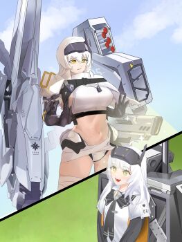 +_+ 2girls :d absurdres ahoge bandaged_leg bandaged_waist bandages black_bow black_dress blue_sky blunt_bangs bow breasts cloak cloud commentary cowboy_shot crop_top crotch_plate day dog_tags dress dual_persona gloves goddess_of_victory:_nikke hair_between_eyes head-mounted_display highres hon9 large_breasts long_hair long_sleeves looking_at_another mechanical_arms midriff multiple_girls navel official_alternate_costume official_alternate_design open_mouth pilgrim_symbol_(nikke) rigging scar scar_on_stomach shirt sidelocks single_glove single_mechanical_arm skindentation sky sleeveless sleeveless_shirt smile snow_white_(heavy_arms)_(nikke) snow_white_(innocent_days)_(nikke) snow_white_(nikke) sparkle standing sweat teeth torn_cloak torn_clothes white_cloak white_hair white_shirt yellow_eyes