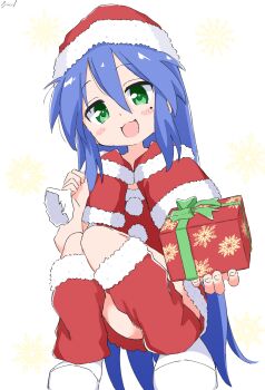 1girl artist_name blue_eyes blush christmas convenient_censoring cynical_(llcbluckg_c004) dot_nose gift gift_bag green_eyes hair_between_eyes izumi_konata long_hair looking_at_viewer lucky_star mole mole_under_eye open_mouth pom_pom_(clothes) simple_background snowflakes solo white_background