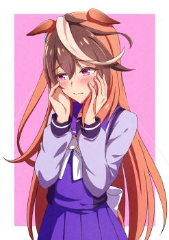 Rule 34 | 1girl, absurdres, animal ears, bow, breasts, brown hair, commentary, ear bow, ear ornament, earrings, hair between eyes, highres, horse ears, horse girl, horse tail, jewelry, long hair, long sleeves, masaki (masaki 470), multicolored hair, purple eyes, purple shirt, sailor collar, sailor shirt, school uniform, shirt, single earring, skirt, streaked hair, symbol-only commentary, symboli rudolf (umamusume), tail, tracen school uniform, umamusume, white hair