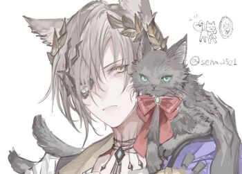 1boy animal animal_ears animal_on_shoulder arknights black_cat black_gloves blue_eyes brown_hair cat cat_boy cat_ears cat_on_shoulder closed_mouth commentary_request eye_mask gloves hair_over_one_eye half_eye_mask laurel_crown looking_at_viewer male_focus mask miss_christine_(arknights) multiple_tails neck_ribbon one_eye_covered phantom_(arknights) red_ribbon ribbon senano-yu short_hair simple_background tail tragodia_(arknights) twitter_username two_tails upper_body white_background yellow_eyes