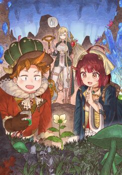 1boy 2girls :d atelier_(series) atelier_sophie blonde_hair blue_coat blue_eyes brown_eyes brown_hair cave coat commentary_request crystal finger_to_own_chin flask flower glasses grass green_hat green_jacket hand_up hat headscarf highres holding holding_flask holding_shovel holding_staff in-universe_location jacket jewelry liquid long_hair long_sleeves looking_ahead monika_ellmenreich multiple_girls mushroom necklace open_mouth oskar_behlmer outdoors pants plant red_hair red_shirt shirt short_hair shovel smile sophie_neuenmuller spoken_sweatdrop staff stalactite standing sweatdrop white_flower white_pants wide_sleeves yellow_headscarf yurai0739