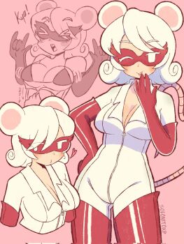 1girl :3 animal_ears bodysuit boots breasts cleavage closed_mouth commentary domino_mask elbow_gloves english_commentary eye_mask gloves heart highres large_breasts looking_at_viewer mario_(series) mask mouse_ears mouse_girl mouse_tail ms._mowz nintendo open_mouth paper_mario paper_mario:_the_thousand-year_door partially_unzipped personification red_boots red_gloves red_mask short_hair sofo_soup solo tail teeth thigh_boots upper_teeth_only white_bodysuit white_hair zipper zipper_pull_tab