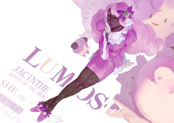 1girl absurdres ascot beret character_name clefable clefairy cleffa crossed_legs dark-skinned_female dark_skin dress english_text evolutionary_line eyelashes frilled_ascot frills from_above full_body gen_1_pokemon gen_2_pokemon gloves hand_on_own_cheek hand_on_own_face hand_up hat highres jacinthe_(pokemon) jewelry juliet_sleeves karkenshark long_sleeves looking_at_viewer looking_up mega_clefable mega_stone nintendo on_ground pink_gloves pink_hair pokemon pokemon_(creature) pokemon_legends:_z-a puffy_sleeves purple_dress purple_eyes purple_shoes ring shoes sitting smile solo_focus very_dark_skin