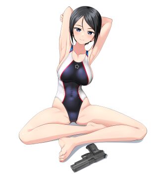 Rule 34 | 1girl, absurdres, armpits, arms behind head, barefoot, black eyes, black hair, black one-piece swimsuit, breasts, chouno ami, commentary request, competition swimsuit, feet, girls und panzer, gun, handgun, highres, indian style, large variant set, looking at viewer, medium breasts, multicolored swimsuit, one-piece swimsuit, presenting armpit, short hair, sig p220/p226, sig sauer, simple background, sitting, solo, swept bangs, swimsuit, takafumi, toes, turtleneck, variant set, weapon, white background