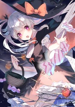 1girl :o angel_wings basket blush bow bowtie candy dress elritta feathered_wings food frills grey_hair hair_rings halloween hat highres holding holding_basket long_hair looking_at_viewer open_mouth original puffy_short_sleeves puffy_sleeves purple_eyes shirt short_sleeves solo twintails twitter_username white_shirt white_wings wings witch witch_hat