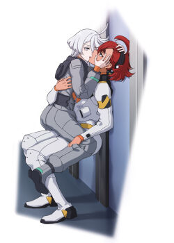 2girls black_hairband blue_eyes bodysuit commentary grey_bodysuit grey_eyes gundam gundam_suisei_no_majo hairband hand_on_another's_face highres himmel_(keine_haare) kiss long_hair long_sleeves miorine_rembran multiple_girls parted_lips red_hair sitting sitting_on_lap sitting_on_person spacesuit standing suletta_mercury thick_eyebrows white_hair yuri
