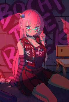Rule 34 | 1girl, absurdres, alternate costume, arm at side, arm support, black choker, black jacket, black shirt, black skirt, blue eyes, bocchi the rock!, breasts, character name, choker, chop, closed mouth, clothes writing, commentary request, cube hair ornament, english text, fingerless gloves, full body, gloves, gotoh hitori, graffiti, green-framed eyewear, hair ornament, hand up, highres, jacket, jewelry, kessoku band t-shirt, large breasts, long hair, looking at viewer, mannen youmu, necklace, on ground, open clothes, open jacket, paint can, pink hair, pleated skirt, print shirt, seiza, shirt, sitting, skirt, sleeveless, sleeveless jacket, solo, star-shaped eyewear, star (symbol), striped clothes, striped gloves, tinted eyewear, v-shaped eyebrows