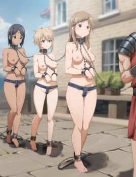 absurdres barefoot black_eyes black_hair blonde_hair blue_eyes braid breasts brown_eyes brown_hair chain coffle collar cuffs dark-skinned_female dark_skin forced_march forehead_jewel fundoshi highres japanese_clothes keihh large_breasts leash leash_pull leila_(magi) long_hair magi_the_labyrinth_of_magic nipples outdoors plant sahsa shackles short_hair side_braid slave toya_(magi) walking