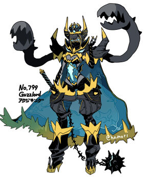 1girl aqua_eyes aqua_sclera armor black_bridal_gauntlets black_hair black_pants blue_cape blue_leotard breasts bridal_gauntlets cape character_name cleavage colored_sclera colored_skin crown full_body fur-trimmed_cape fur_trim gen_7_pokemon gold_trim grey_skin guzzlord harurie high_heels highres holding_flail leotard looking_at_viewer mask mouth_mask nintendo pants personification pokedex_number pokemon pokemon_(creature) shoes simple_background solo standing ultra_beast white_background yellow_nails yellow_shoes