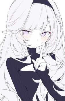 1girl black_hairband black_nails black_shirt black_shrug blue_archive closed_mouth commentary elf fingernails hairband highres himari_(blue_archive) hk_nnm index_finger_raised long_hair long_sleeves looking_at_viewer mole mole_under_eye nail_polish pointy_ears purple_eyes shirt shrug_(clothing) solo sweater symbol-only_commentary turtleneck white_hair