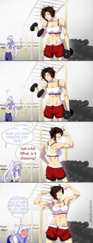 2girls @_@ absurdres black_hair blood blush brown_hair comic dumbbell english_text flexing grey_eyes gym highres indoors long_hair multiple_girls navel nosebleed open_mouth ponytail red_hair ruby_rose rwby short_hair shorts spit_take spitting sports_bra sweat toned weiss_schnee yaya_(y8ay8a)