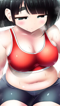 Rule 34 | 1girl, big mukimuki &amp; small muchimuchi, black hair, blunt bangs, blush, breasts, cleavage, dot nose, green eyes, grey shorts, half-closed eyes, highres, hinoharaf (14310486), large breasts, medium hair, mole, mole on stomach, navel, parted lips, red sports bra, shiina (big mukimuki &amp; small muchimuchi), shorts, simple background, solo, sports bra, sweat, thick eyebrows, thick thighs, thighs, white background