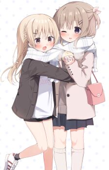 Rule 34 | 2girls, :o, absurdres, bag, black jacket, black shorts, blonde hair, blush, braid, brown eyes, brown hair, brown jacket, choppy bangs, commentary request, cross hair ornament, feet out of frame, food, food request, foot out of frame, grey eyes, grey skirt, hair ornament, half updo, handbag, highres, holding, holding food, jacket, kneehighs, leg up, long hair, long sleeves, medium hair, miniskirt, multiple girls, one eye closed, open clothes, open jacket, open mouth, original, polka dot, polka dot background, print shirt, raised inner eyebrows, scarf, shared clothes, shared scarf, shirt, short shorts, shorts, side braid, skirt, socks, standing, takepoison, unbuttoned, white background, white scarf, white shirt, white socks